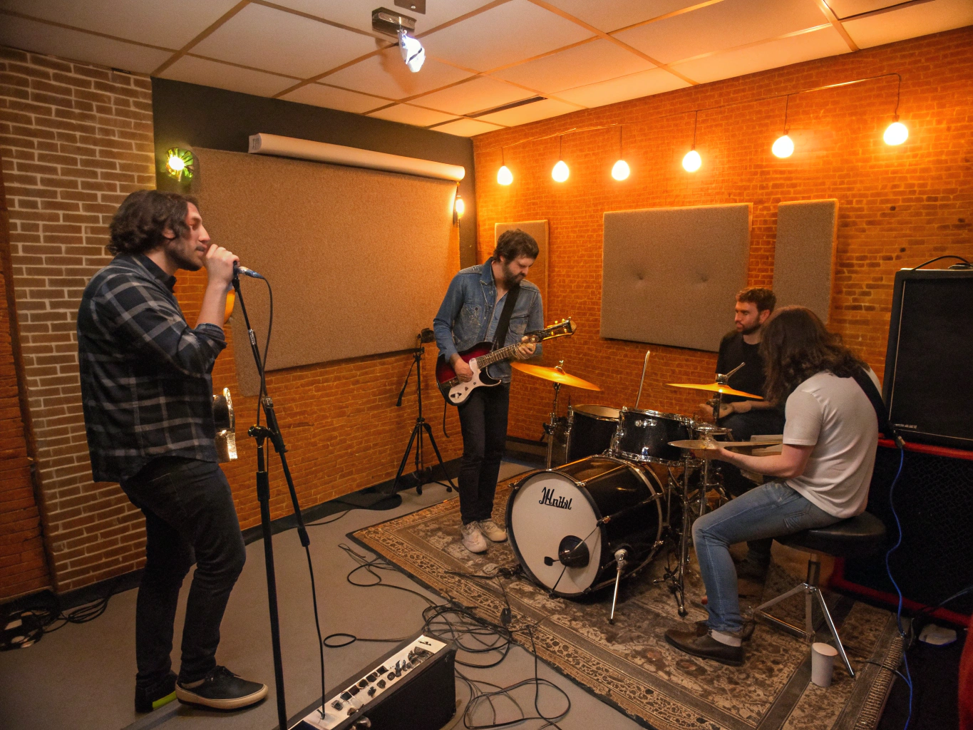 A gritty, high-contrast shot of a local band tracking live in the studio with warm mustard lighting