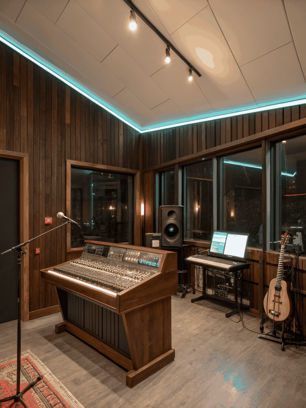 Gritty, vibrant music studio with backline gear and neon lights