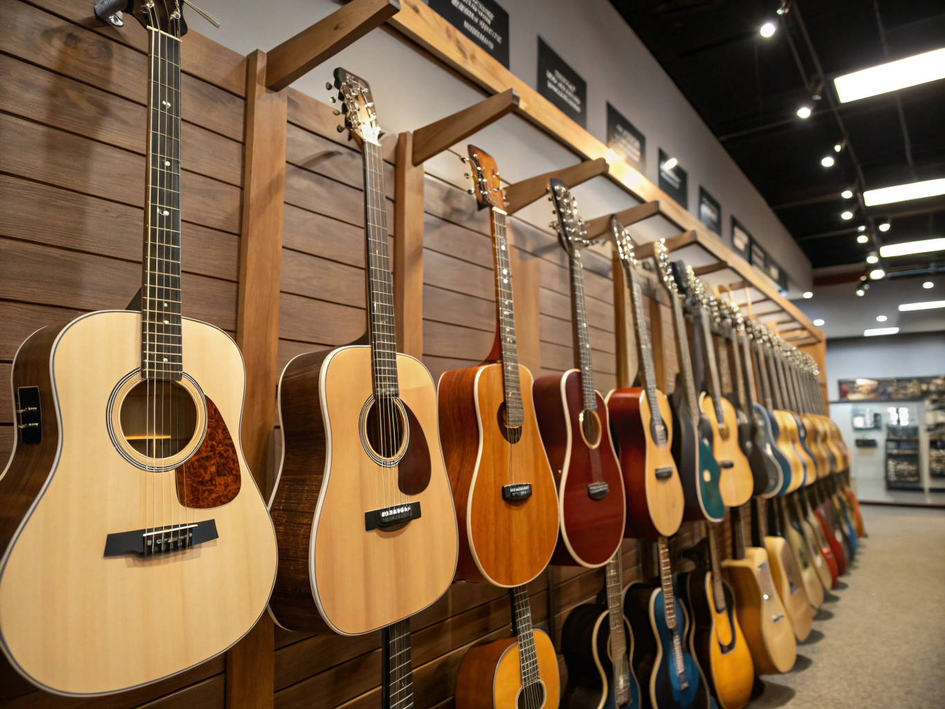Lineup of electric guitars in a rack