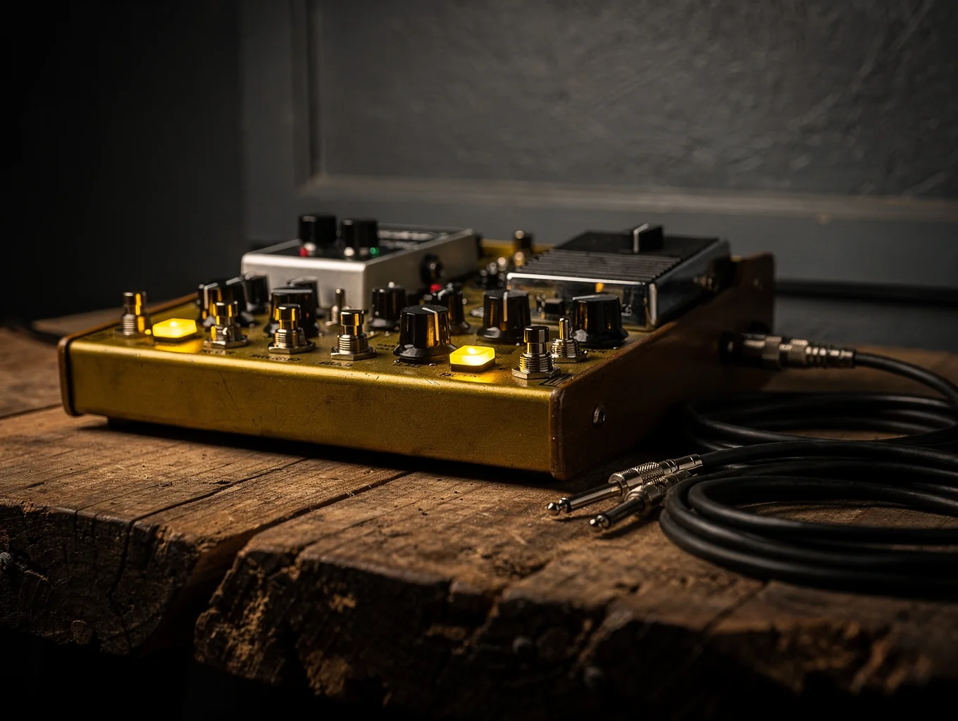 Glowing LED lights on a guitar pedalboard