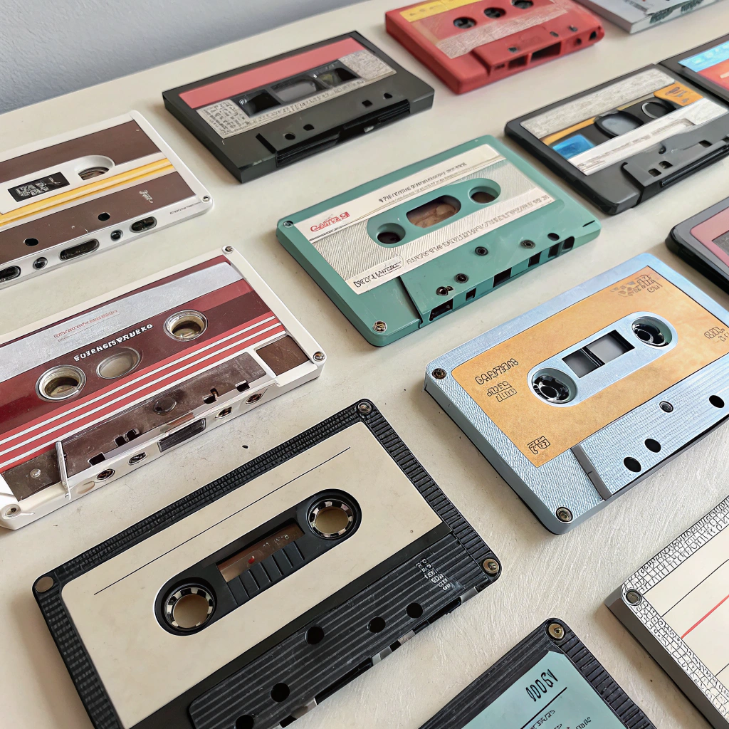 Archive of cassette tapes on a shelf