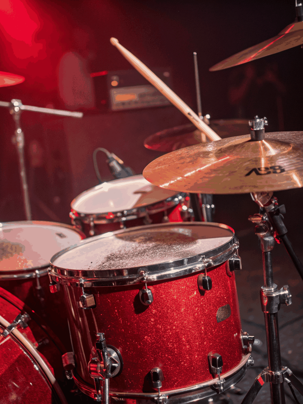 Close up of premium drum kit in the tracking room
