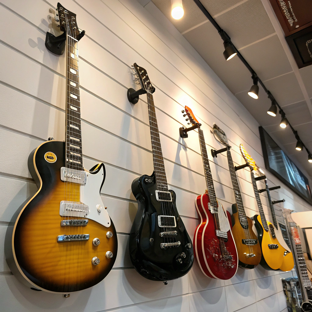 Lineup of electric guitars in the studio rack