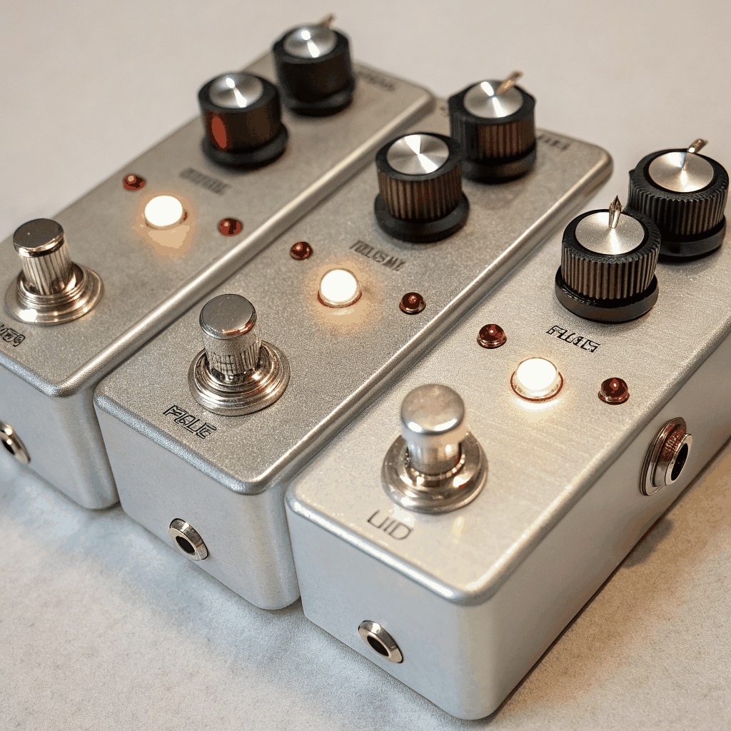 Close-up of a boutique pedalboard setup